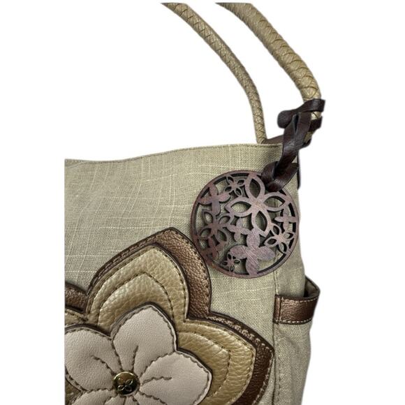 Relic Purse Beige Canvas Tea Rose Appliqué Double Shoulder Strap Hobo Handbag - Picture 2 of 14